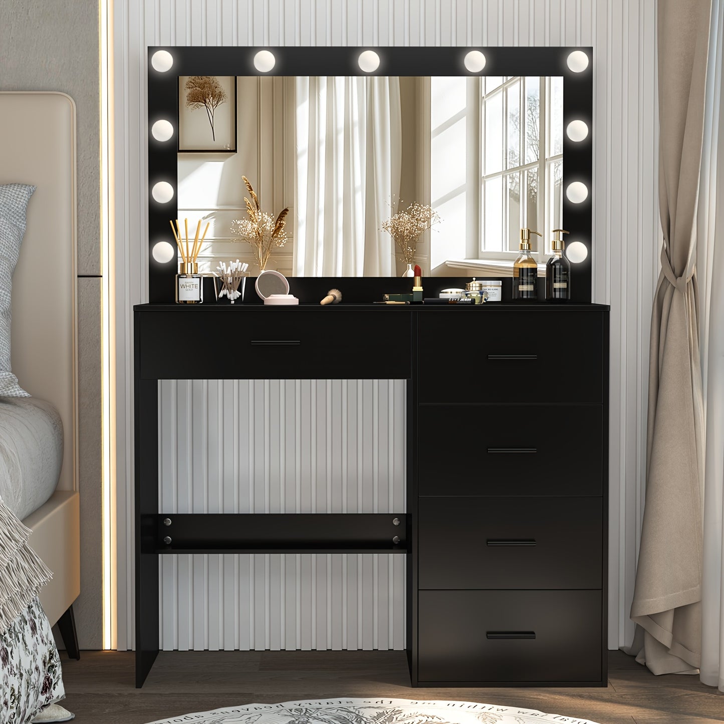 Kaptafel – Make-up Tafel – Dressing Table – Cosmeticatafel – Kapcommode – Massief Houten Zwart – Verlichte Spiegel Met 3 Lichtstanden – Ruime Lades
