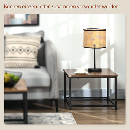 Salontafel Set – Bijzettafel – Koffietafel – Tafeltje – Tafel Duo – Industrieel Design – Zwart Stalen Frame – Houtlook Tafelblad