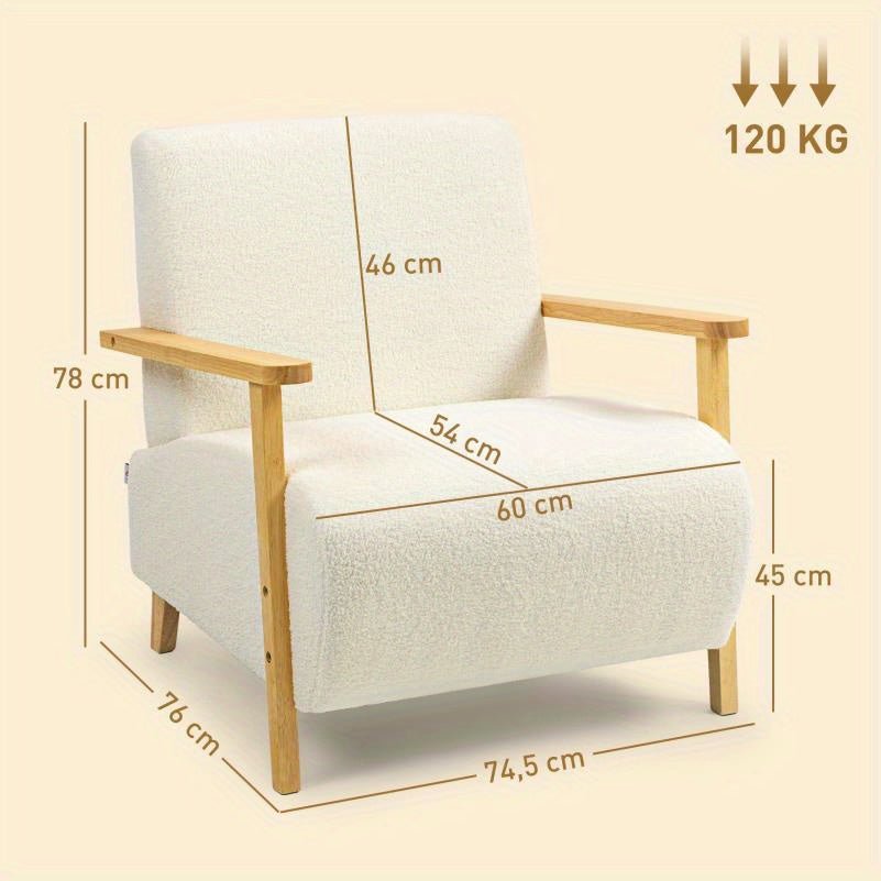 Fauteuil – Lounge Chair – Relaxstoel – Zitstoel – Relaxfauteuil – Handmatig Verstelbaar – Stevige Houten Poten 120 kg – Crème Wit Met Beige Armleuningen
