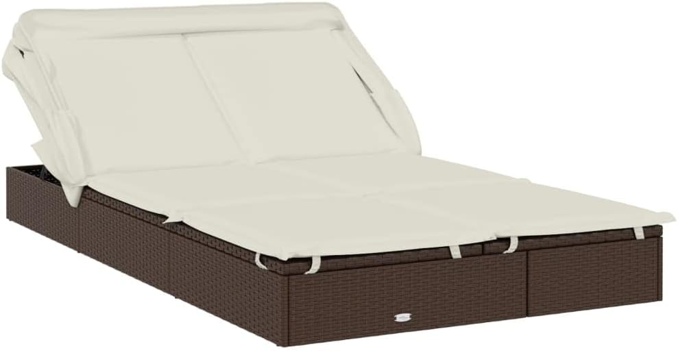 Foldable Double Sun Lounger Made of Poly Rattan with Adjustable Roof and Cushion, Weatherproof Material for Outdoors, Sturdy Steel Frame, Ideal - QUORE