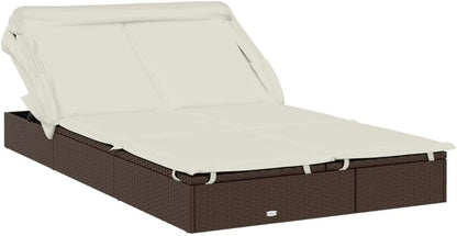 Foldable Double Sun Lounger Made of Poly Rattan with Adjustable Roof and Cushion, Weatherproof Material for Outdoors, Sturdy Steel Frame, Ideal - QUORE