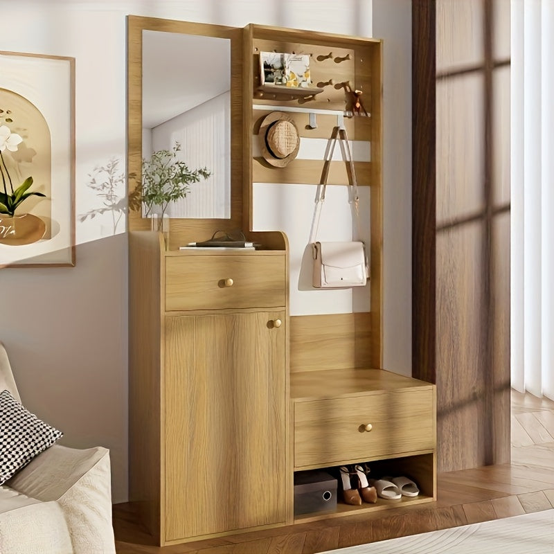 Kapstokkast – Garderobekast – Kapstok – Halmeubel – Garderoberek – Multifunctioneel – Compact – Vrijstaand – Rieten Beige/Bruin – Verstelbare Planken – Kledingroede – Spiegel