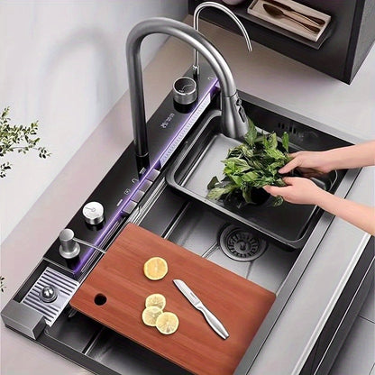 RVS Spoelbak – Keukenspoelbak – Inbouwspoelbak – Enkele Spoelbak – Grote Spoelbak – Nano 304 Coating – 68 x 45 cm – Dik 5,0 mm Roestvrij Staal – Onderbouw Zonder Rand – Rechts Afvoer – Gunmetal Grijs