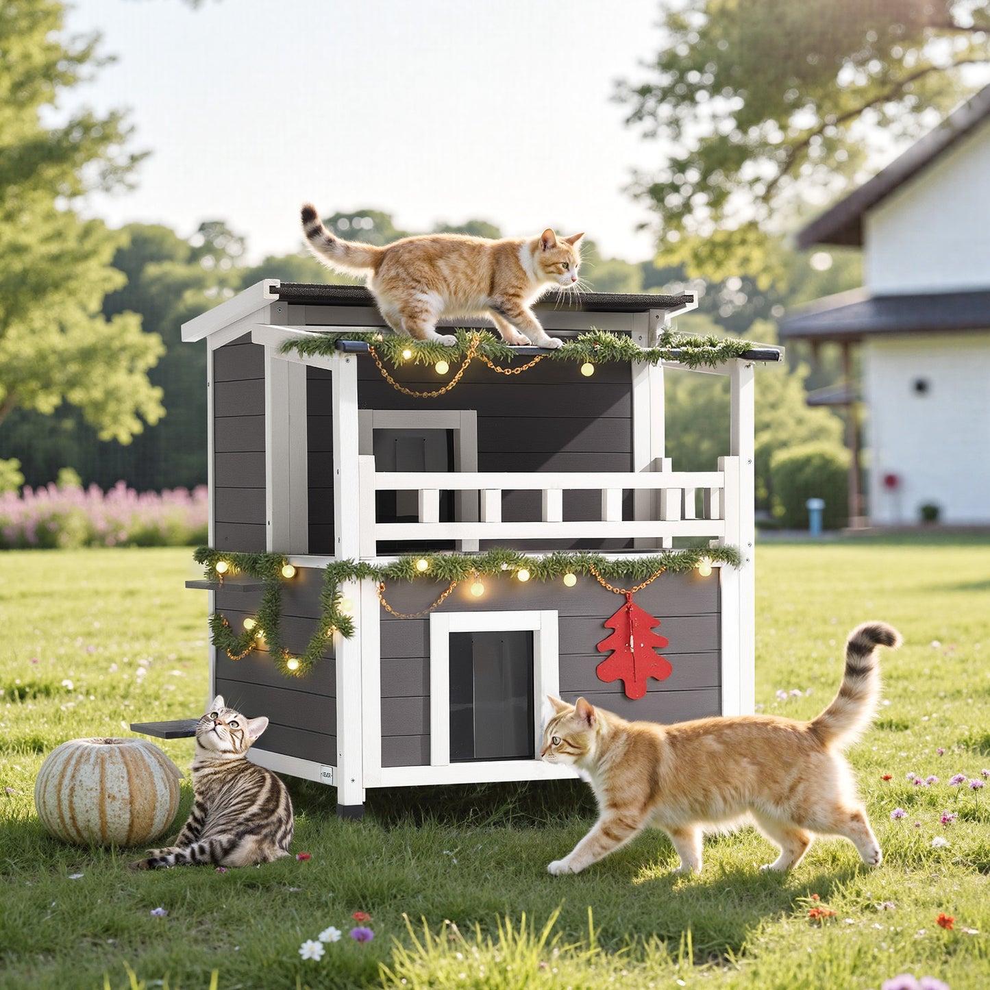Kattenhuis – Buitenhuis Kattenhok – Kattenverblijf – Kattenhuisje – 2-Verdiepingen Houten Kattenhuis – Geïsoleerd Met Schuim – Weerbestendig En Ruim Voor 1-3 Katten