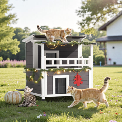 Kattenhuis – Buitenhuis Kattenhok – Kattenverblijf – Kattenhuisje – 2-Verdiepingen Houten Kattenhuis – Geïsoleerd Met Schuim – Weerbestendig En Ruim Voor 1-3 Katten