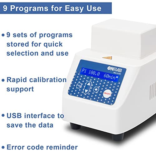 ONiLAB Mini Dry Bath incubator, 15 x 1,5 ml aluminium verwarmingsblok, lcd-display, timerbediening, up to 100 C, 0,5 C nauwkeurigheid, 9 programma's in het geheugen, snelkalibratiefunctie