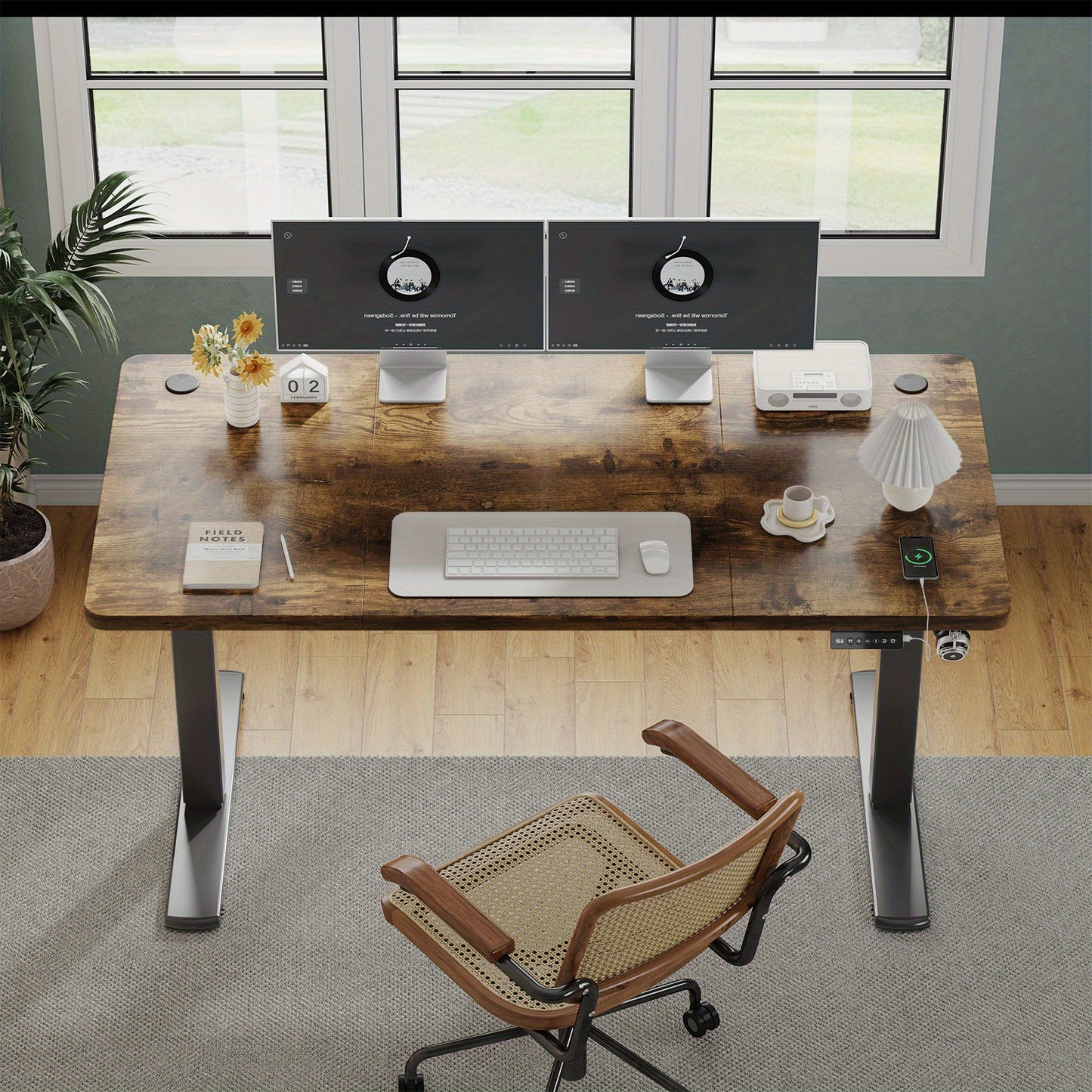 Verstelbaar Zit-Sta Bureau – Staand Bureau – Werkplek Tafel – Ergonomisch Bureau – Home Office Bureau – 60x100 cm – Stabiel Stalen Frame met Rustiek Houtnerf
