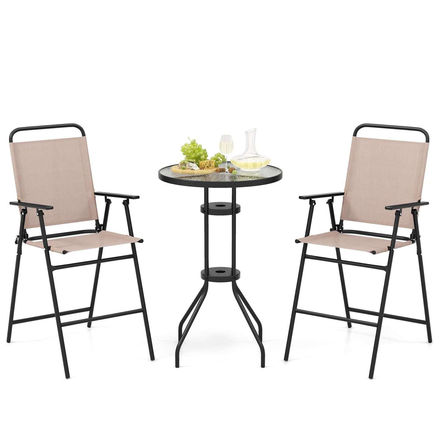 Bistro Tafelset – Balkonset – Tuinmeubelset – Zithoek – Buitentafel Met Stoelen – Gehard Glas – Inklapbare Stoelen – Weerbestendig Beige