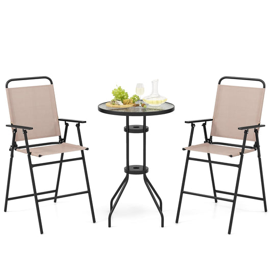 Bistro Tafelset – Balkonset – Tuinmeubelset – Zithoek – Buitentafel Met Stoelen – Gehard Glas – Inklapbare Stoelen – Weerbestendig Beige