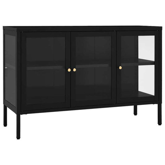 Dressoir – Sideboard – Opbergkast – Ladekast – Kast – Industrieel Design – 105x35x70 cm – Staal en Zwart Glas