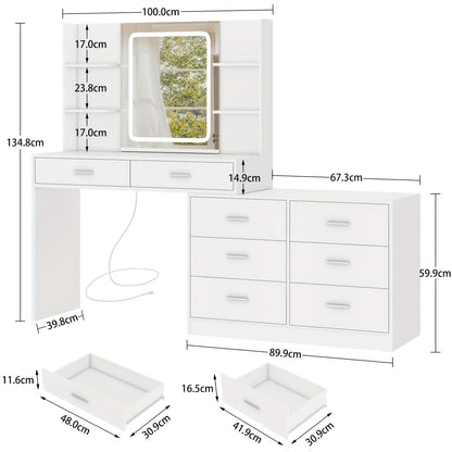 Toilettafel – Kaptafel – Make-up Tafel – Opmaaktafel – Hoekmake-uptafel – Verlichte Spiegel – Ingebouwd Stopcontact – 8 Laden – Ruim Werkblad – Wit – Eenvoudige Montage