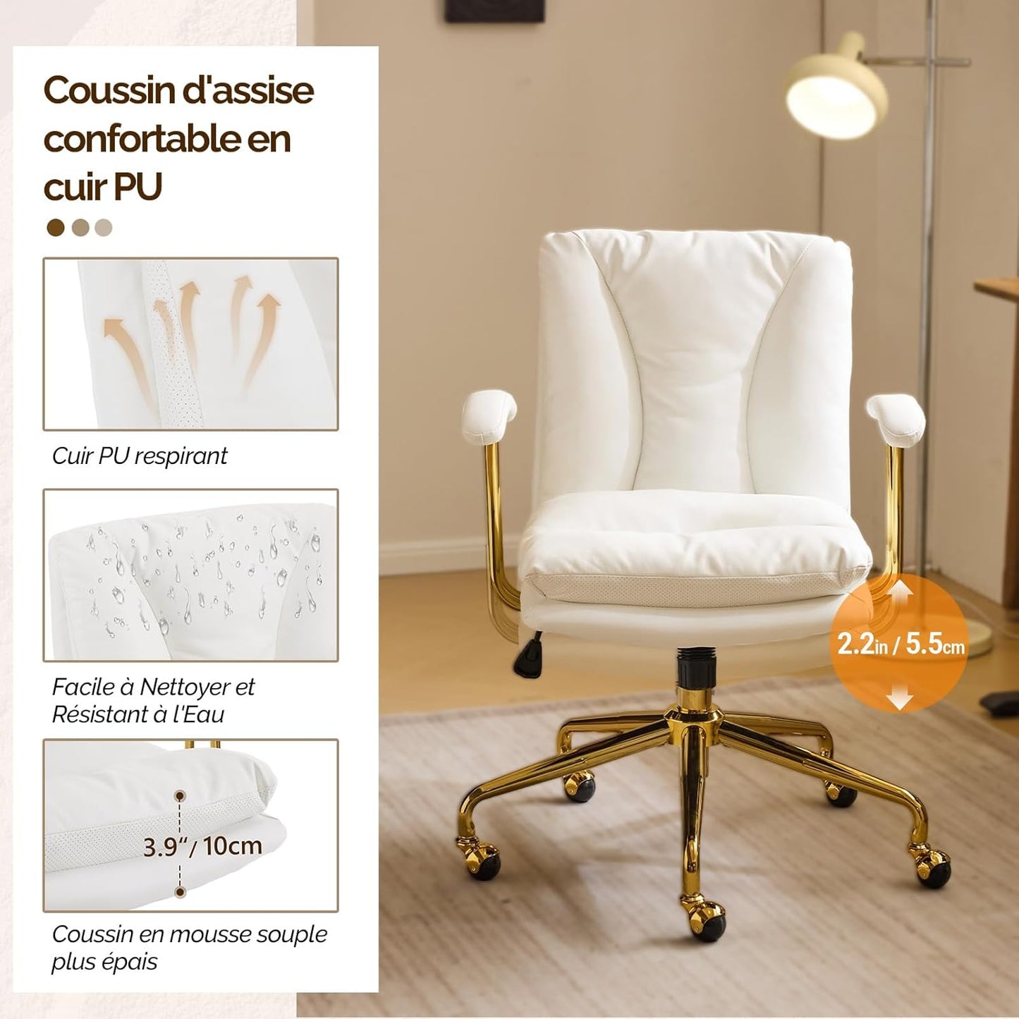 Ergonomische Bureaustoel – Bureaustoel – Werkstoel – Office Chair – Drestoel – Verstelbare Zithoogte – Metalen Gouden Onderstel – Kunstleer Bekleding – Handmatige Kantelfunctie – Comfortabele Gevoerde Rugleuning – Frisse Groene Kleur