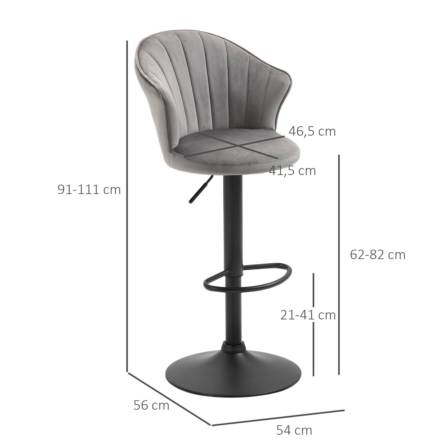 Barkrukken – Barstoelen – Keukenstoelen – Bistrostoelen – Krukken – Draaibaar – Verstelbare Hoogte – Fluweelachtige Bekleding – Met Rugleuning – Grijs – 54x56x91-111 cm