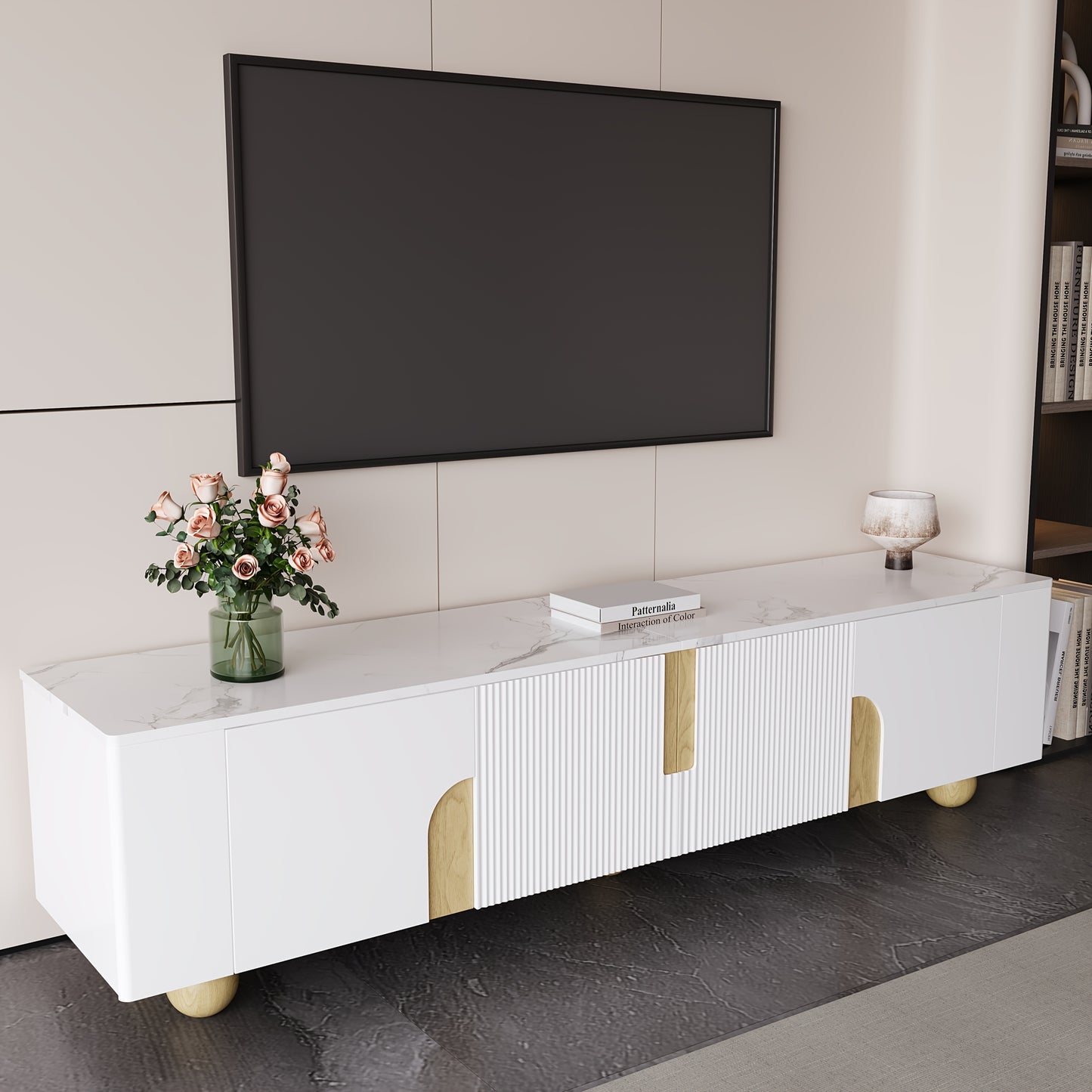 Tv Meubel – TV Kast – Televisiekast – TV Dressoir – TV Meubels – 180 cm Breed – Wit Met Marmerlook Blad – 4 Deuren – Stevige Bolvormige Houten Poten