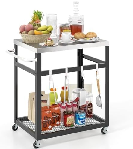 Grilltafel voor buiten, serveerwagen met 2 planken, 4 wielen, handvat en 4 haken, pizzatafel, bijzettafel, grillwagen voor achtertuin, terras (2 planken)