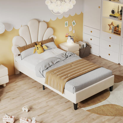 Bedframe – Eenvoudig Bed – Universeel Bedframe – Gestoffeerd Bed – Houten Bedframe – 90x200 cm – Fluwelen Bloemvormig Hoofdbord – Comfortabel En Warm – Beige
