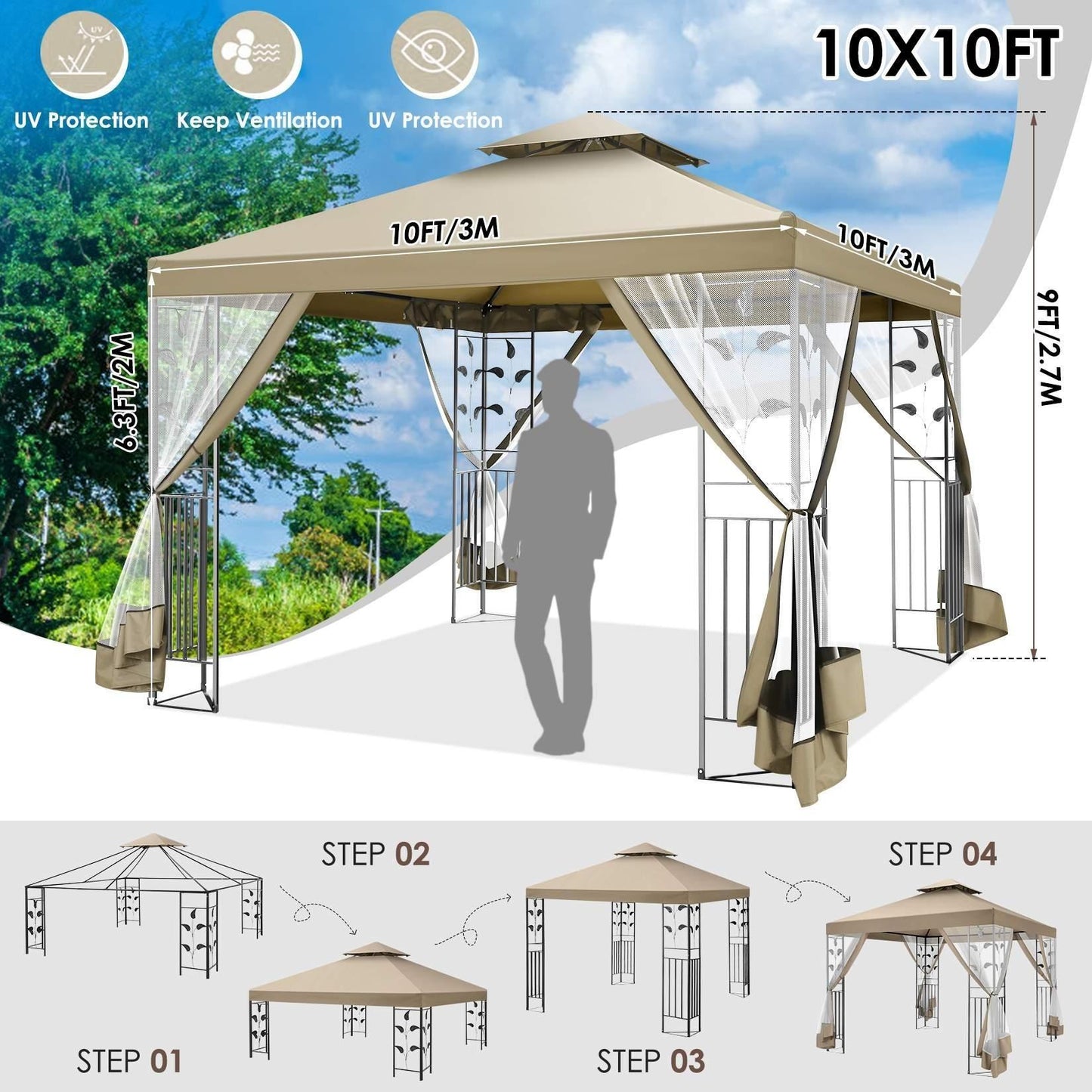 Tuinpaviljoen – Partytent – Pergola – Tuinent – Overkapping – 3x4 Meter – Stevig Metalen Frame – Afneembaar Muskietennet