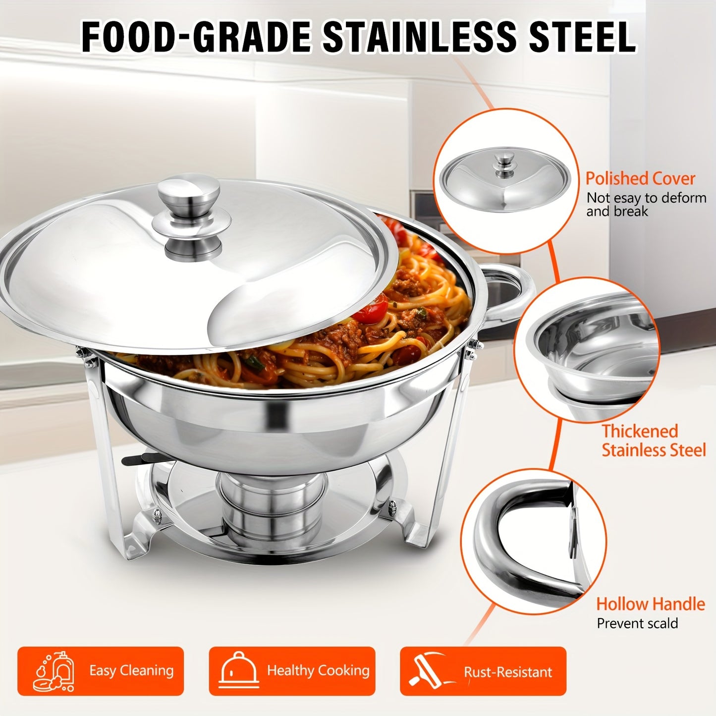 Chafing Dish – Buffetwarmer – Warmhoudschaal – Warmhoudplaat – Bain Marie – 6-delige RVS Set – 5 Qt Inhoud – Werkt Zonder Stroom
