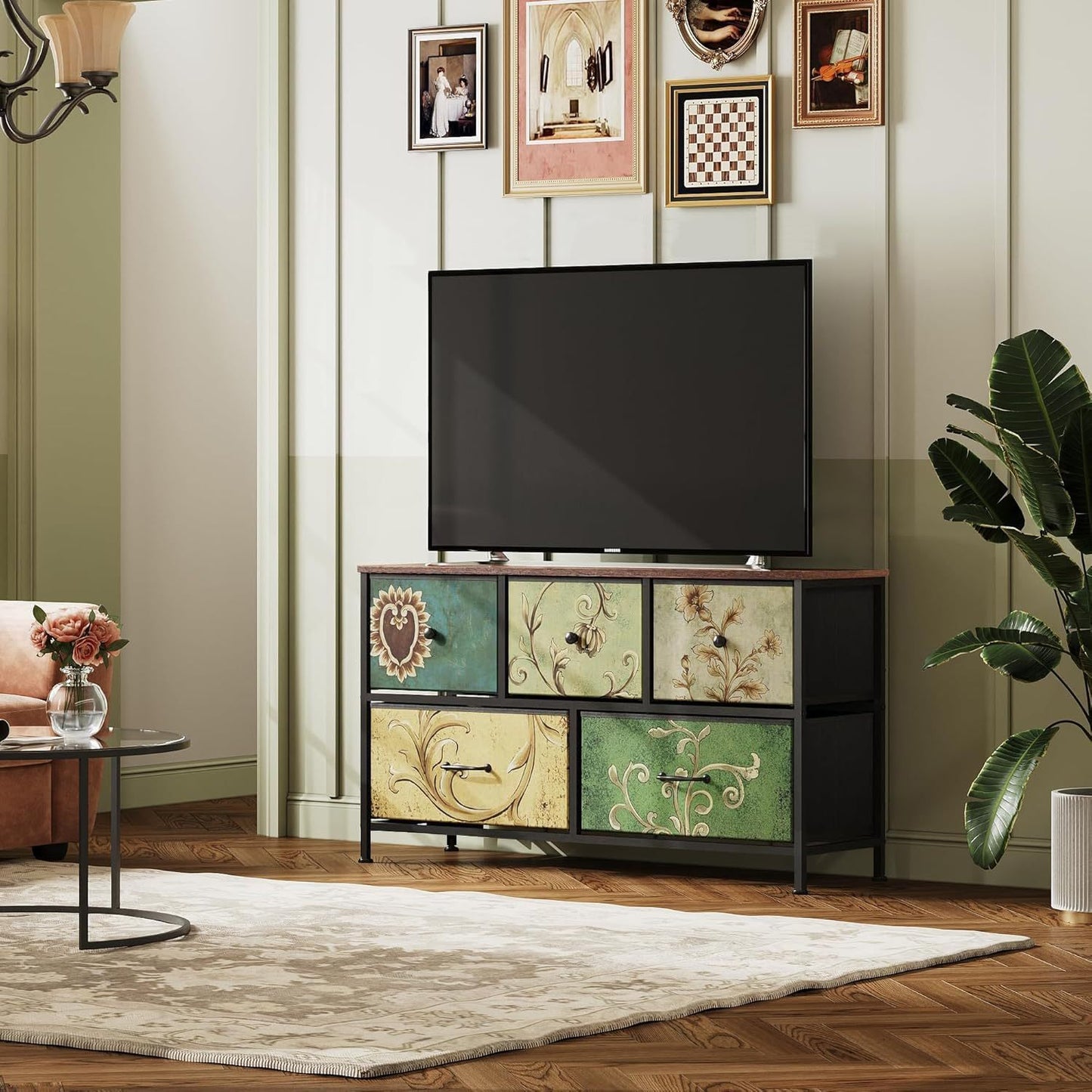 Commode – Ladekast – Dressoir – Kast – Opberger – Retro Patroon – 7 Stoffen Lades – Metaal Frame Met Houten Blad
