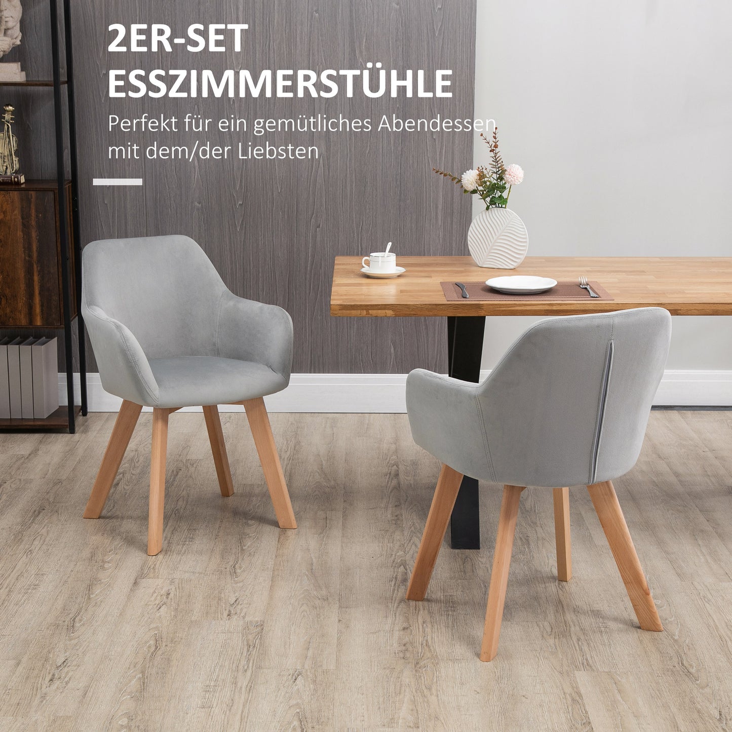 Eetkamerstoel – Stoel – Dinersstoel – Zithoekstoel – Fluwelen Stoel – Set Van 2 – Grijs Met Houten Poten – Ergonomisch Design – Max 120 Kg Draagkracht