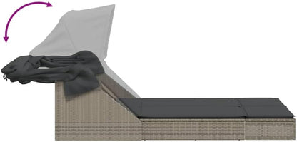 Double Sun Lounger with Retractable Canopy and Grey Polyrattan Outdoor Cushions Adjustable Backrest, Weatherproof and UV Resistant Material - QUORE