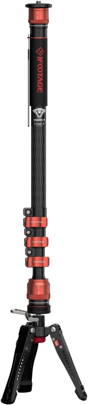 IFOOTAGE Cobra 3 C180F-P cAmera-Monopod, Telescopische Video-Monopod, Professioneel Fotografiestatief, Innovatief Pedaalontwerp, Geschikt Voor Spiegelreflexcamera's En Camcorders, Koolstofvezel (180 cm)