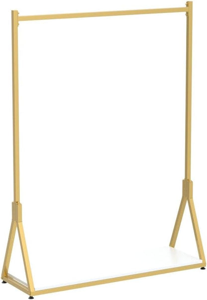 Kledingrek – Garderoberek – Kledingstandaard – Hangrek – Vrijstaand Kledingrek Goudkleurig – Metalen Frame En Houten Plank – Met 4 Rubber Wielen En Verstelbare Antislipvoeten