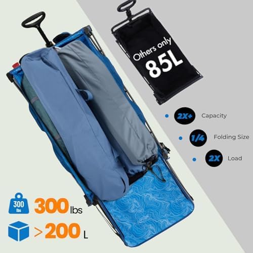Overmont Inklapbare bolderkar met opvouwbare achterklep, alle terreinwielen, 200 l grote inhoud met zijzakken, bekerhouder, verstelbare handgreep, tot 120 kg draagkracht, blauw