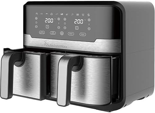 MasterPRO Rocket Duo 900 Dubbele friteuse, olievrij, zwart, 9 l en 2400 W, led-display met touchpad en anti-aanbakmand, rechthoekige siliconen bakplaat, 12,7 x 19,5 x 7 + 2 cm