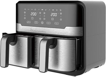 MasterPRO Rocket Duo 900 Dubbele friteuse, olievrij, zwart, 9 l en 2400 W, led-display met touchpad en anti-aanbakmand, rechthoekige siliconen bakplaat, 12,7 x 19,5 x 7 + 2 cm