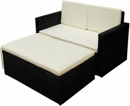 vidaXL Lounge Set with Cushions 2-Piece Garden Set Garden Furniture Set Lounge Garden Furniture Set Furniture Set Furniture Sets Furniture Sets Poly Rattan Black - QUORE