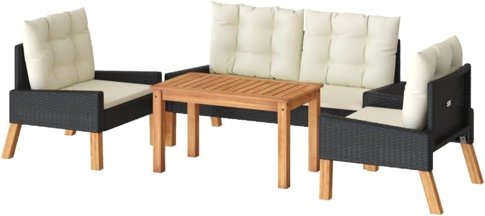 vidaXL 4-Piece Lounge Set with Cushions Poly Rattan and Solid Wood, Garden Set, Lounge Set, Garden Loungeset, Garden Set, Lounge Set, Garden Furniture Set - QUORE
