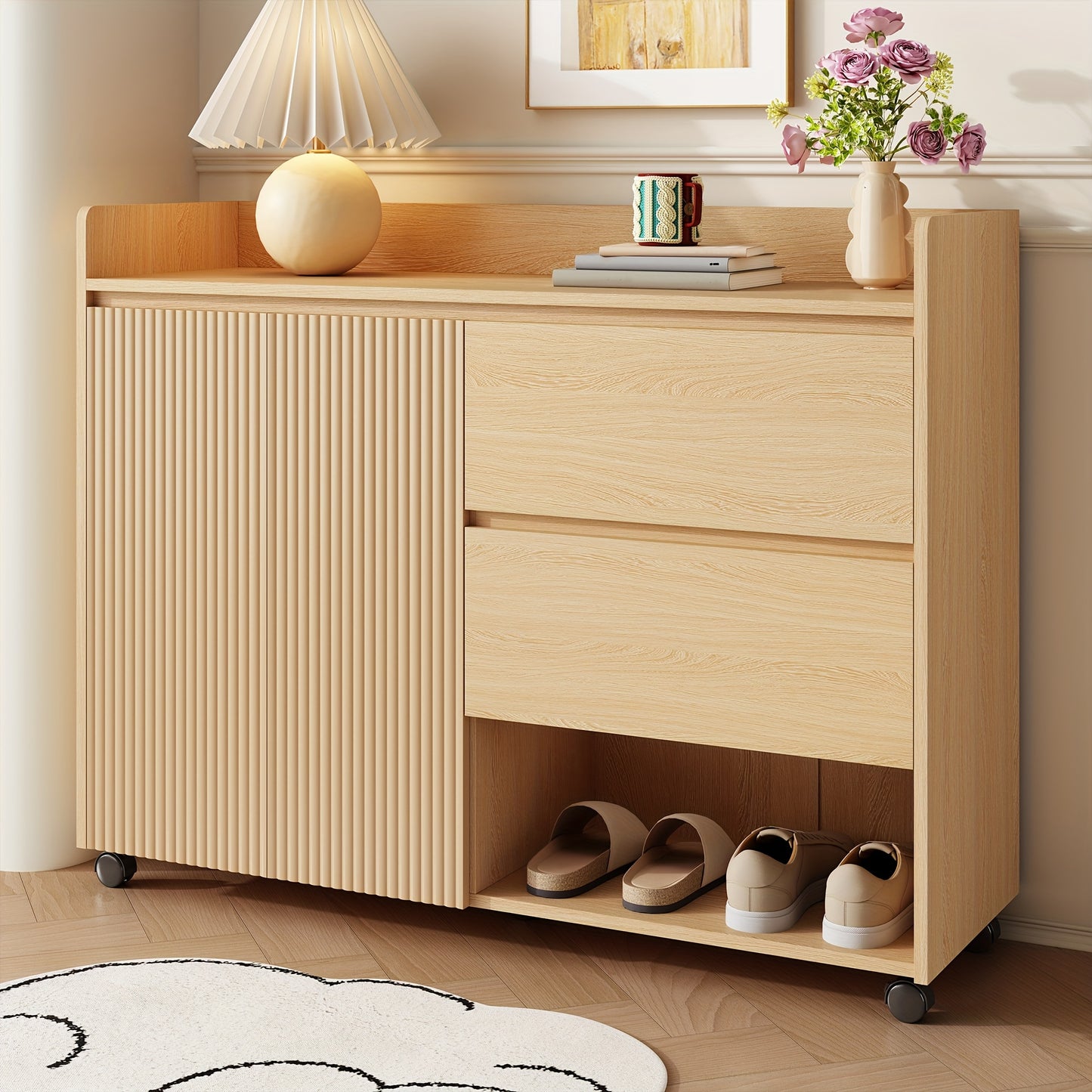 Schoenenkast – Schoenenrek – Schoenenopberger – Schoenenbankje – Schoenenkastje – Mobiel op wieltjes – Verstelbare planken – Met zachte sluiting – Stevig metalen frame – Ruimtebesparend design – Arched top – Wit/Zwart/Beige/Grijs