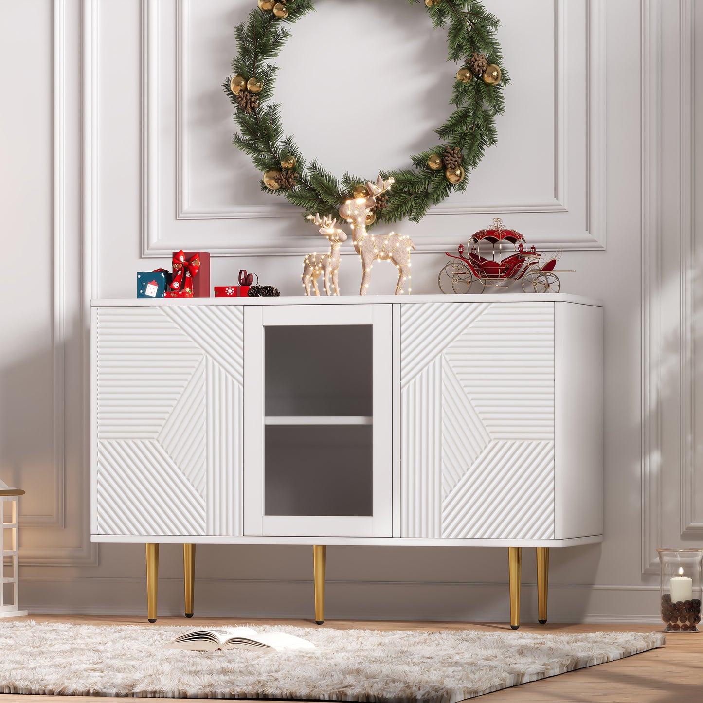 Dresser with 3 Doors, with Metal Feet And Glass Doors, White, Dimensions: 120 X 38 X 79.5 Cm