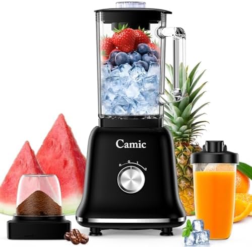 Camic Blender, 1200 W, 3-in-1 blender met glazen reservoir van 1,6 liter, reisbeker van 400 ml en 200 ml maalbeker, pulsfunctie, 2 snelheden voor smoothies en dranken
