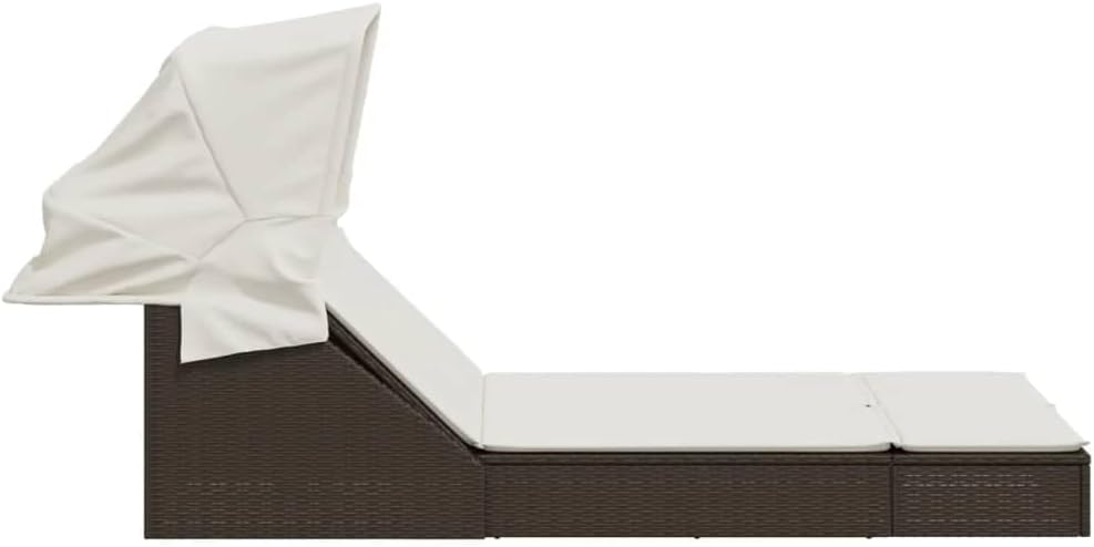 Double lounger with retractable canopy and brown PE rattan cushion for outdoor use, backrest adjustable, 2 positions, removable cushion, material resistant to - QUORE
