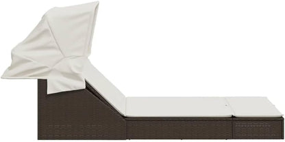 Outdoor Sun Lounger with Retractable Sun Canopy and Washable Cushion, Adjustable Backrest in 2 Positions, PE Rattan Garden Bed, Waterproof, for Patio, Courtyard - QUORE