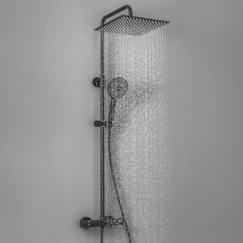 Thermostatische Douchekolom – Douchepaneel – Douchekraan – Regendouche – Handdouche – Verstelbare Doucherail 90-120 cm – Roestvrij Staal Matzwart – 30x30 cm Regendouchekop – 5 Spraystanden Handdouche