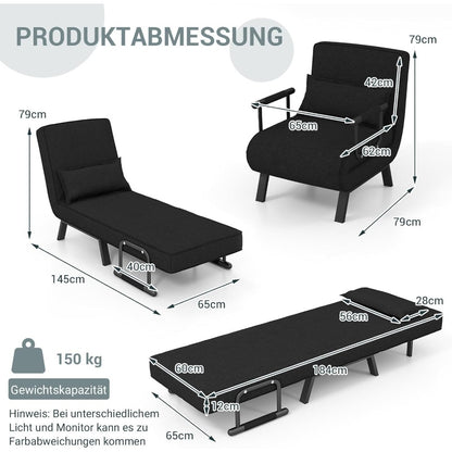 4-in-1 recliner chair, sofa bed with bed function, folding chair with 6-position adjustable backrest, removable cushion, and armrests, weight capacity up to 150kg, guest bed for living room (,  Spacesaving Furniture, Contempo