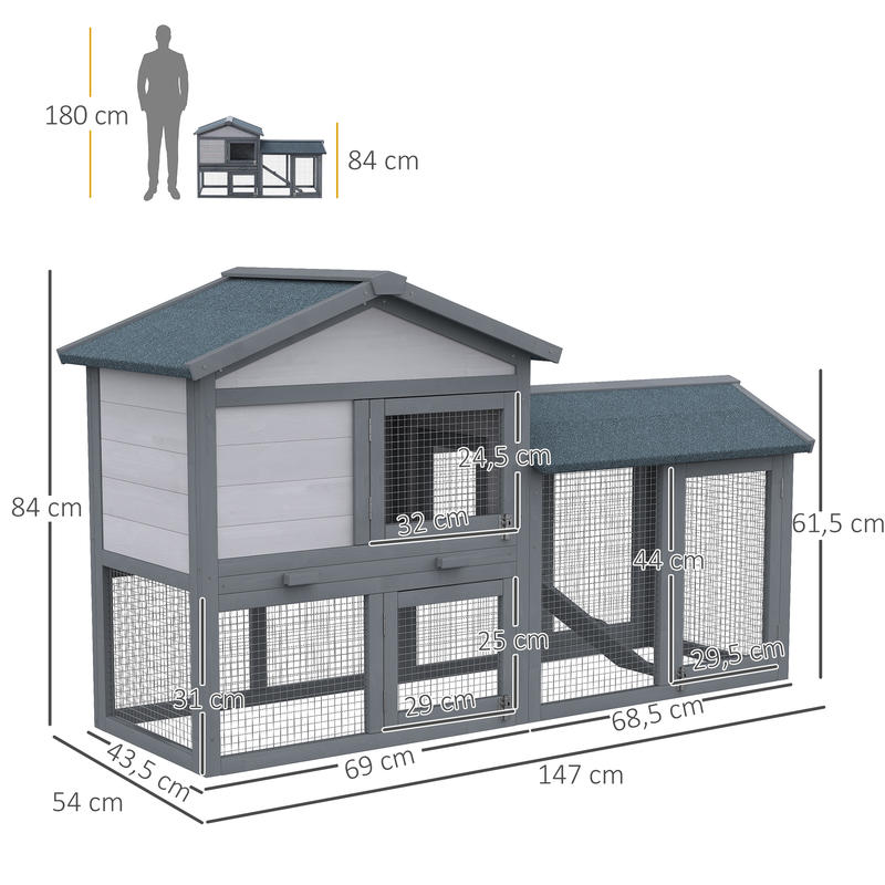Outdoor Rabbit Hutch & Small Animal Cage with Free-Range Design, Spacious Pine Wood Construction, Ramp & Roof Access, Ventilation Mesh Walls & Predator-Proof Roof - Dark Gray 147x54x84cm for Guinea Pigs, Chinchillas, Hamsters