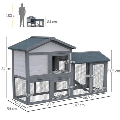 Outdoor Rabbit Hutch & Small Animal Cage with Free-Range Design, Spacious Pine Wood Construction, Ramp & Roof Access, Ventilation Mesh Walls & Predator-Proof Roof - Dark Gray 147x54x84cm for Guinea Pigs, Chinchillas, Hamsters
