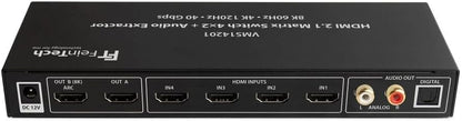 FeinTech VMS14201 HDMI 2.1 Matrix Switch 4 x 2 Schakelaar 4K 120Hz 8K Ultra HD 4 in 2 Out Audio Extractror ARC Toslink SPDIF Downscaler voor Xbox PS5 TV Monitor HDR VRR 40Gbps