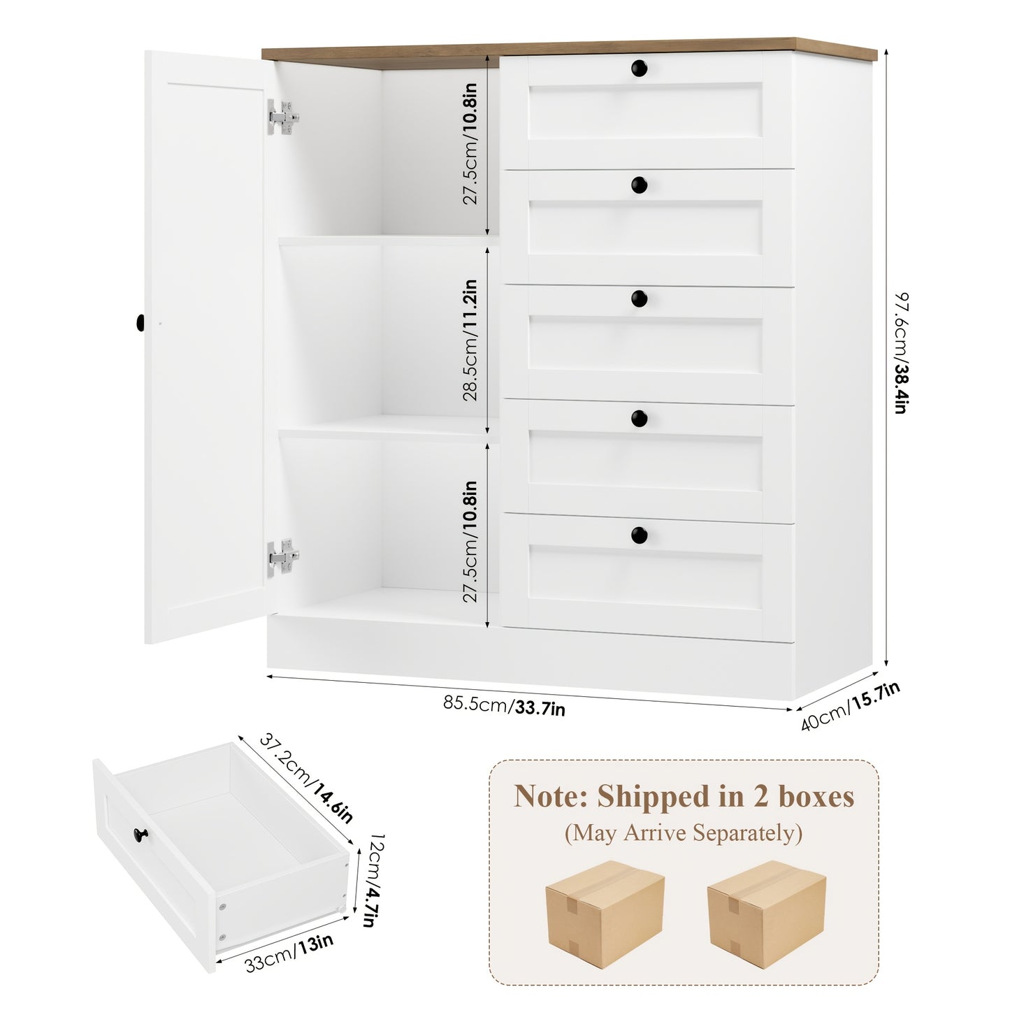 Kealive Sideboard, Kitchen Cabinet | White Buffet Cupboard with 5 Drawers, 85.5x40x97cm, Modern Style, Floor Mount, Suitable for Kitchen, Hallway, Living Room, Dining Room