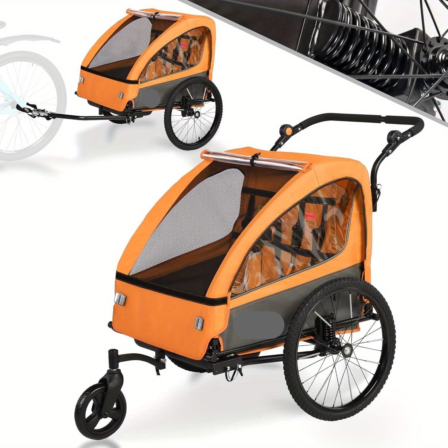Kinderfietsaanhanger – Fietskar – Jogger – Boodschappenwagen – Kinderwagen – 360° Draaibare Wielen – 5-Punts Veiligheidsharnas – Oranje - QUORE