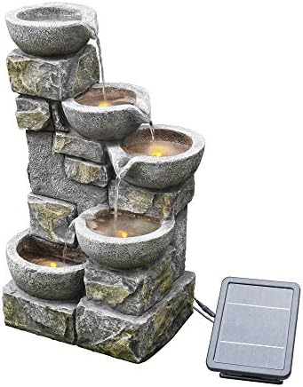 Teamson Home Buiten Tuin Water Fontein Met Lichten - Zonne-Energie - Waterornament - 4 Kommen Ontwerp - Waterval - Tuindecoratie - Binnen & Buitenhuis - Met Pomp - 43.2 x 30.5 x 68.6 (cm)