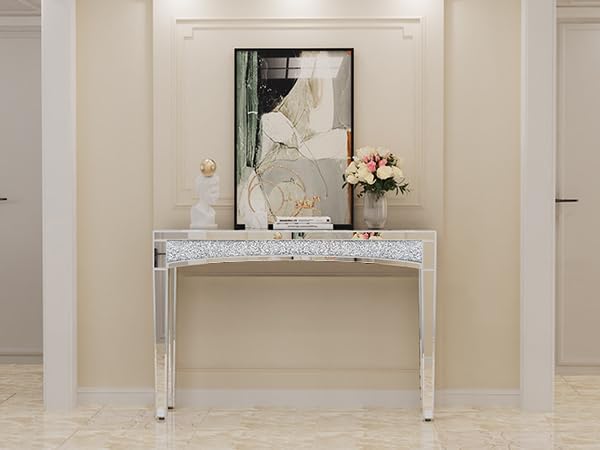 Consoletafel met spiegeloppervlak: 120 x 35 x 80 cm, moderne zilveren haltafel van glas met glanzende diamanten, luxe decoratie voor hal, kaptafel, woonkamer, slaapkamer