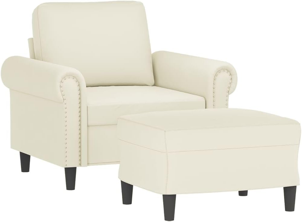 Fauteuil met Kruk – Loungestoel – Moderne Stoel – Armleuningstoel – Leesstoel – Crème Fluweel – Comfortabele Zitting – Stevig Frame