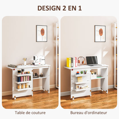 Naaitafel – Naaikast – Werktafel – Hobbytafel – Creatieve Tafel – Inklapbaar Werkblad – Stevig Houten Frame – Opbergruimte Met Wieltjes – Wit – 118x40x79,5 cm