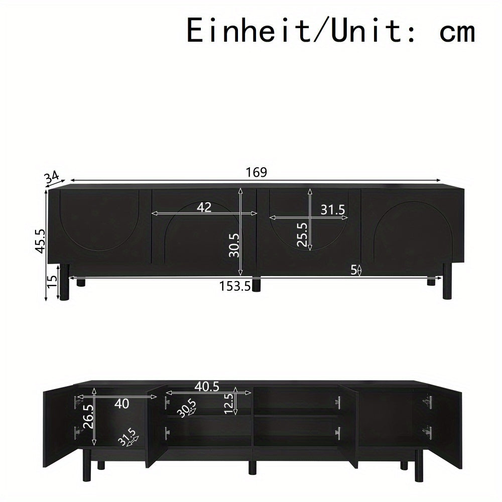 Modern Curved Wave Door TV Stand with Sturdy Metal Frame & Storage Shelves - Black Entertainment Center with TV Bracket, Space-Saving Design for Living Room, No Assembly Required (Non-Wood Material), Media Console, Contempora