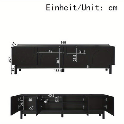 Modern Curved Wave Door TV Stand with Sturdy Metal Frame & Storage Shelves - Black Entertainment Center with TV Bracket, Space-Saving Design for Living Room, No Assembly Required (Non-Wood Material), Media Console, Contempora